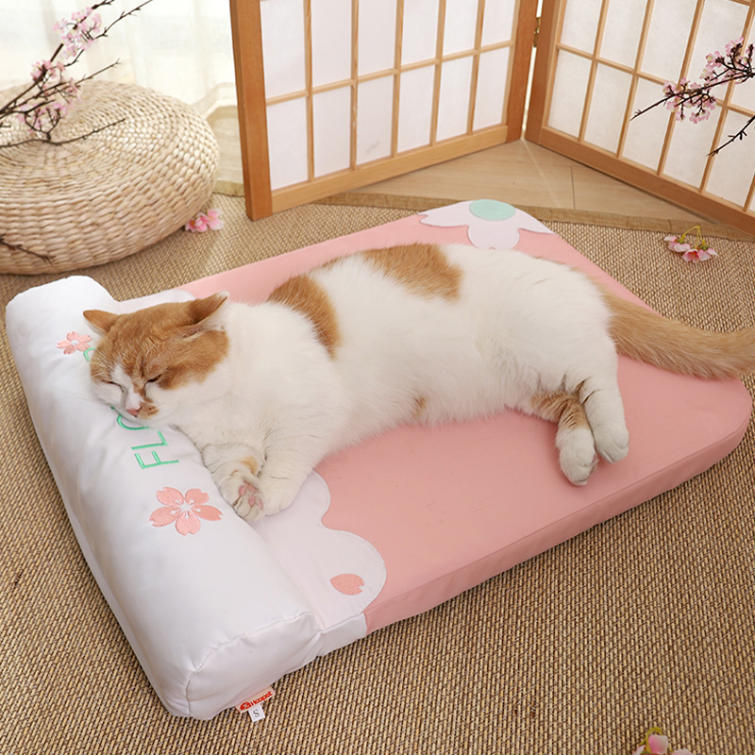ペット用リラックスベッド 猫ベッド ペットベッド 犬 猫 低め 取り外しできる枕付き パピー 成犬 シニア 滑り止め 防水 替えカバー付き