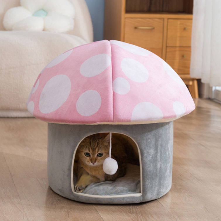 猫ハウス 猫用ベッド ドーム型 キノコ型 ふわふわ 暖かい ベッドマット ペットハウス ペットベッド 犬小屋 快適 柔らかい 洗える 暖房 エ